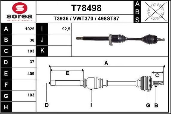Полуось (привод в сборе, приводной вал) EAI для Volkswagen Transporter T6 2015-2026. Артикул T78498