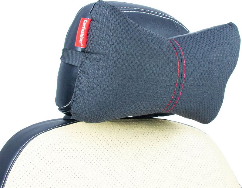 Подушка под шею CarFashion ортопедическая Экокожа/жаккард, цвет Черный/Черный/Красный. Артикул 41332