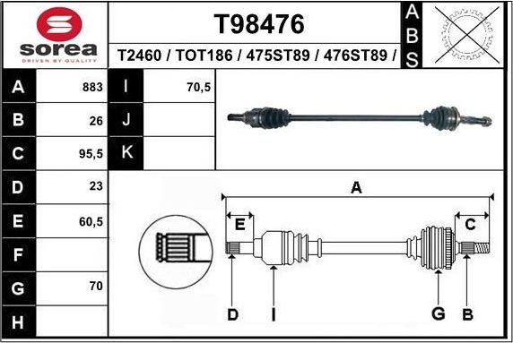 Полуось (привод в сборе, приводной вал) EAI. Артикул T98476