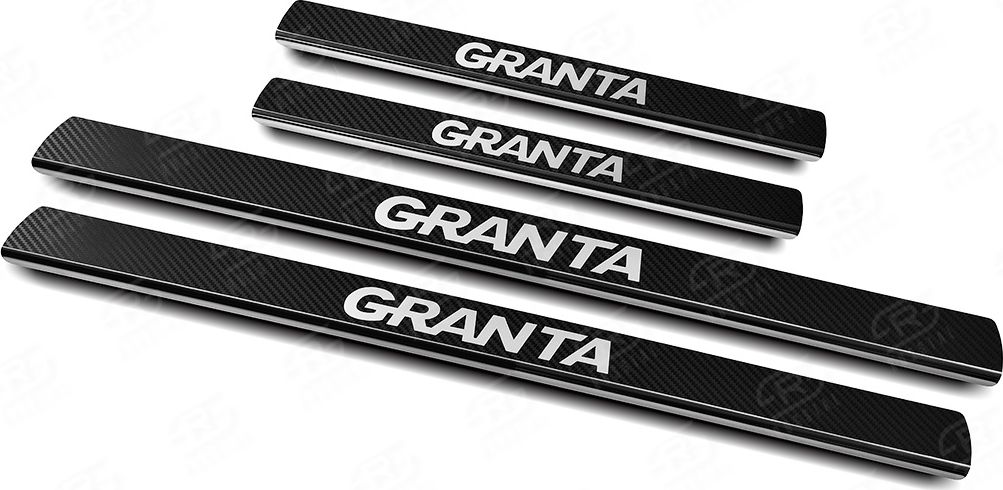 Накладки RusStal на пороги (лист нерж., карбон, надпись) для ВАЗ Lada Granta I 2011-2026. Артикул LAGRANT11-06