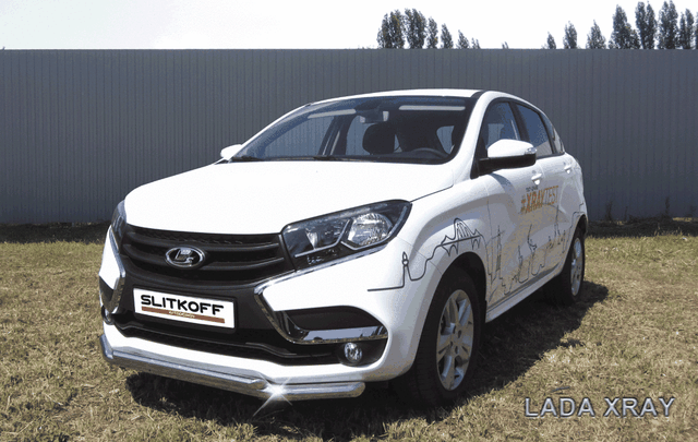 Защита Slitkoff переднего бампера d57 + d42 двойная для Lada Xray 2015-2026. Артикул LadXR003