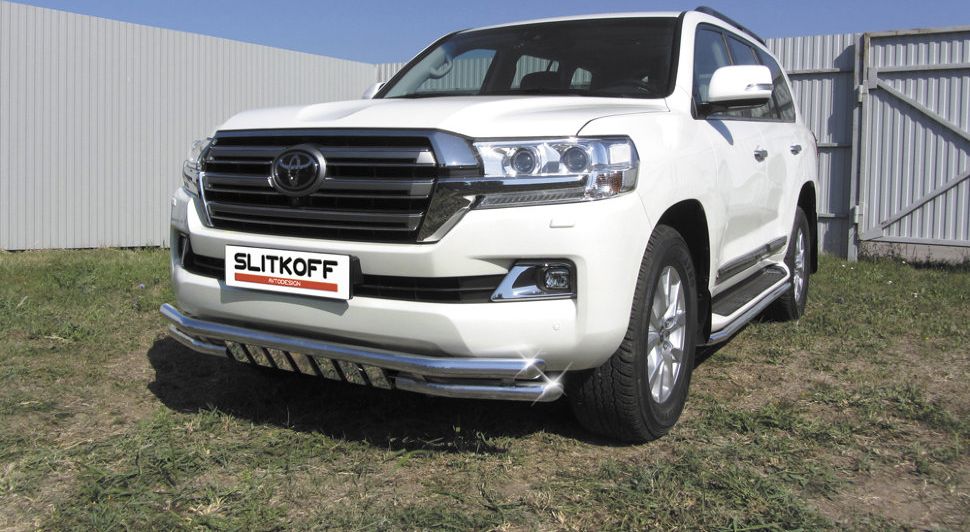 Защита Slitkoff переднего бампера d57+d57 двойная с защитой картера для Toyota Land Cruiser 200 рестайлинг 2015-2021. Артикул TLC2-15-003
