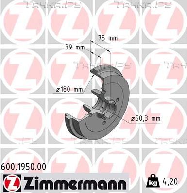 Тормозной барабан Zimmermann задний для Volkswagen Scirocco I 1974-1980. Артикул 600.1950.00