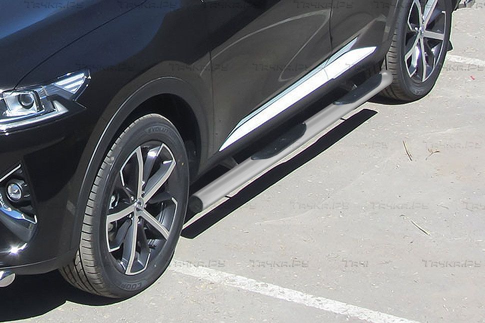 Защита порогов Slitkoff d76 с проступями для Haval F7 2019-2026 Серебристая. Артикул HavF7005S