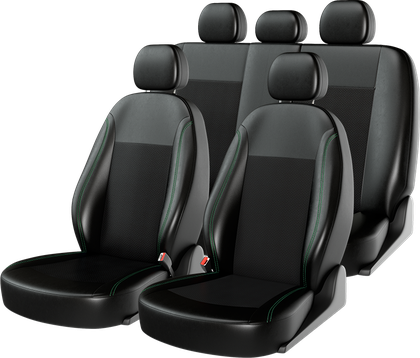 Чехлы универсальные CarFashion Atom Leather на сидения авто, цвет Черный/Черный/Зеленый. Артикул 10955