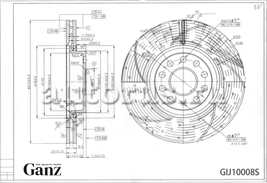 Диск тормозной передний перфорированный PRO-Line с покрытием VW Jetta/Passat 05- (Ganz). Артикул GIJ10008S