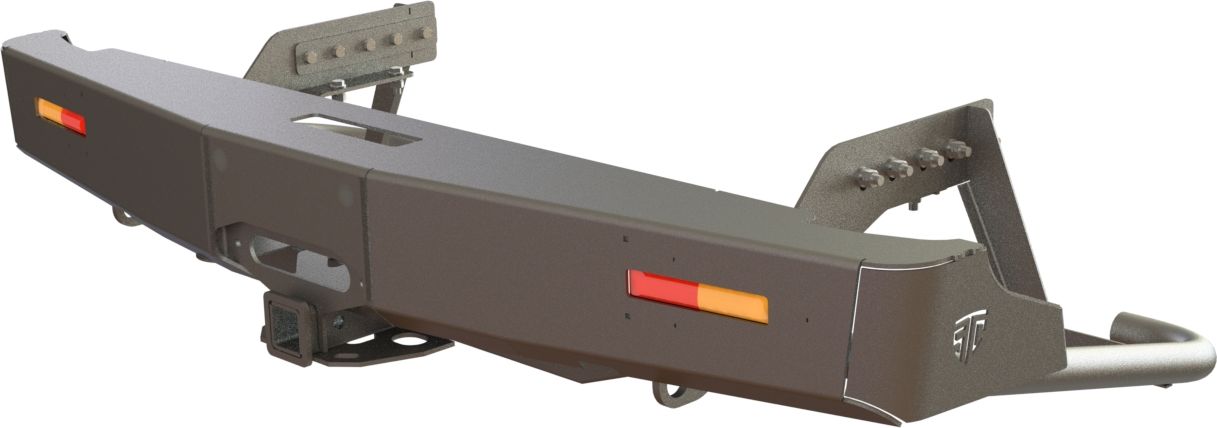 Бампер силовой STC задний для Mitsubishi L200 V 2019-2026 с квадратом под фаркоп, площадкой под лебедку и дублирующими фонарями. Артикул STC-ML200/19-BR-W-L1