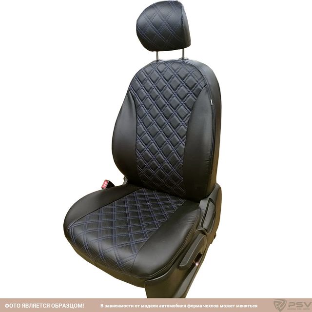 Чехлы PSV БРК на сидения для Volkswagen Polo V седан 2009-2026, цвет РОМБ Черный/отстрочка синяя. Артикул 132895