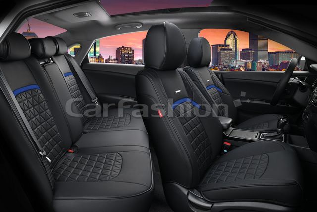 Комплект универсальных каркасных чехлов CarFashion 5D Boomerang Plus на сидения авто, цвет Синий/Черный. Артикул 27041