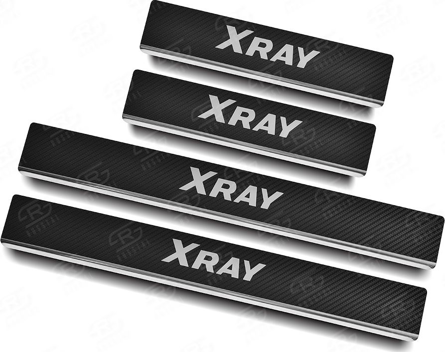 Накладки RusStal на пороги (лист нерж. карбон с надписью) для Lada Xray I 2015-2026. Артикул LDXRY15-06