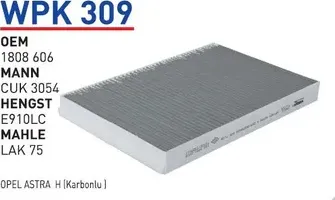 Фильтр салона угольный Opel Astra/Zafira 1.2i-2.2i/DTi/CDTi/TD 98 (Wunder). Артикул WPK309