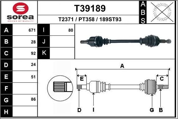 Полуось (привод в сборе, приводной вал) EAI. Артикул T39189
