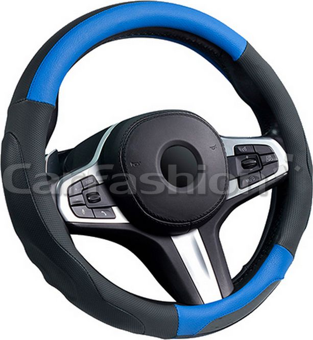 Оплётка на руль CarFashion Laredo (размер M, экокожа, цвет ЧЕРНЫЙ/СИНИЙ). Артикул 31641