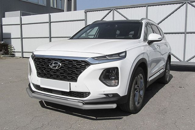 Защита Slitkoff переднего бампера d57+d42 двойная для Hyundai Santa Fe IV 2018-2026 Серебристая. Артикул HSFT18-001S