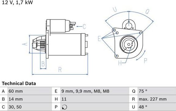 Стартер Bosch для MINI Cabrio II (R57) 2008-2015. Артикул 0 986 023 050