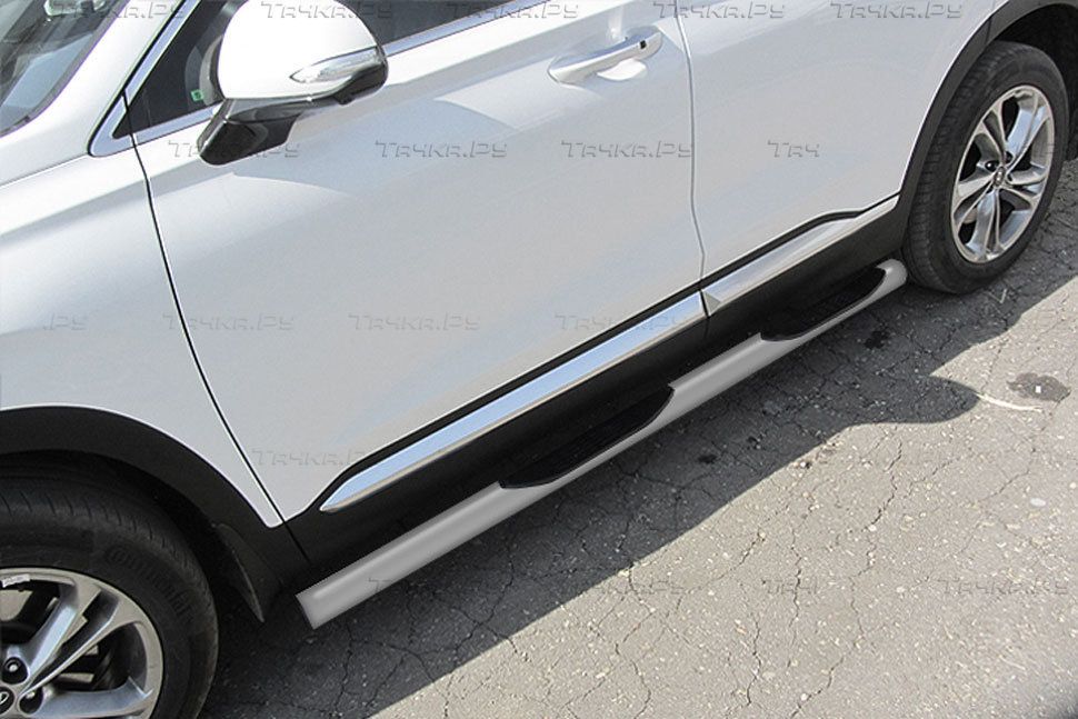 Пороги Slitkoff труба d76 с проступями для Hyundai Santa Fe IV 2018-2026 Серебристые. Артикул HSFT18-004S