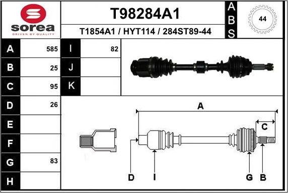 Полуось (привод в сборе, приводной вал) EAI передняя правая для Hyundai Matrix I 2001-2010. Артикул T98284A1