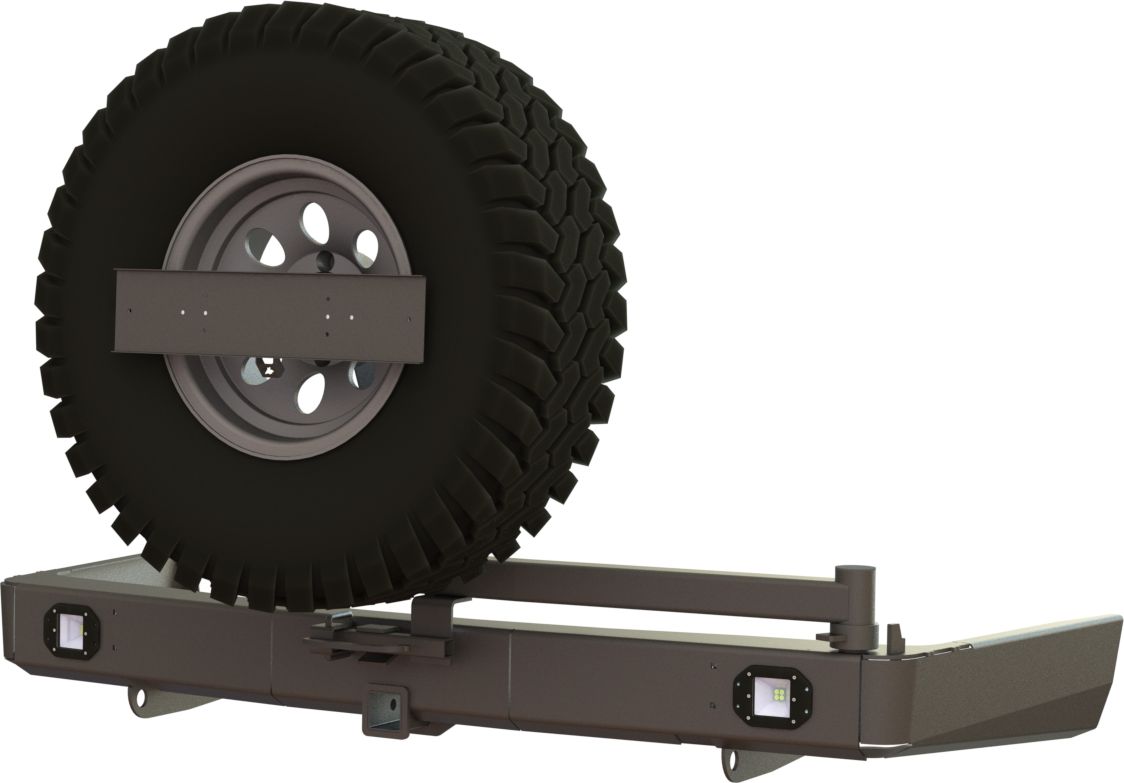 Бампер силовой STC задний для Mitsubishi Pajero Sport III 2015-2026 с квадратом под фаркоп, кронштейном крепления запасного колеса по центру и фарами заднего хода/ ПТФ. Артикул STC-MPS3-BR-C1-L2