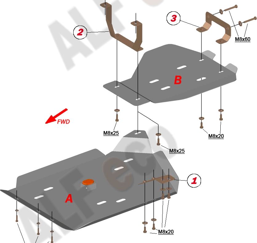 Защита алюминиевая Alfeco для картера, КПП, редуктора и топливного бака Acura MDX III 2013-2020. Артикул ALF.51.01,02,03 AL4
