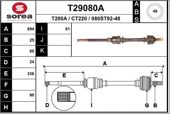 Полуось (привод в сборе, приводной вал) EAI. Артикул T29080A