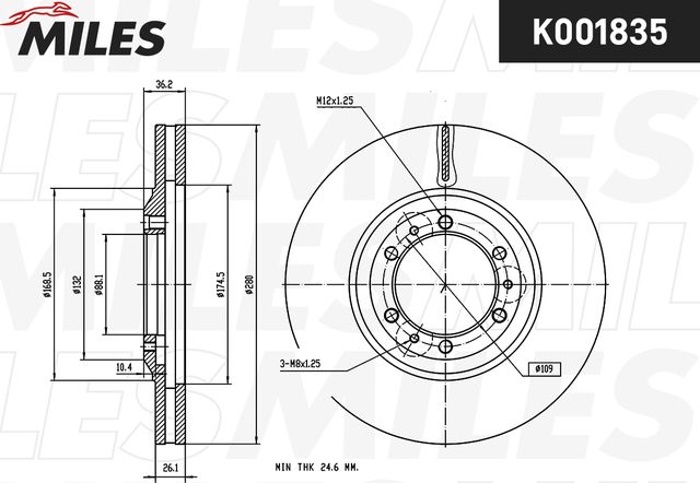 Тормозной диск Miles передний для Great Wall Hover 2005-2008. Артикул K001835