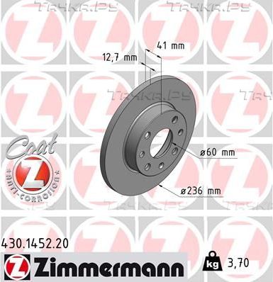 Тормозной диск Zimmermann Coat Z передний для Opel Corsa A 1982-1993. Артикул 430.1452.20