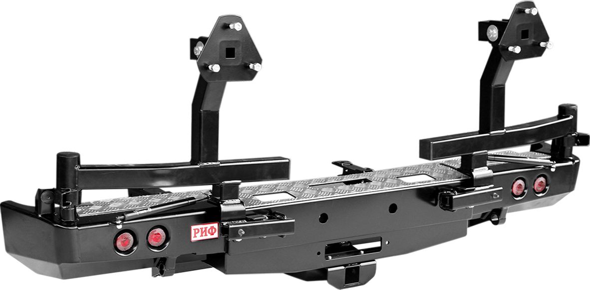 Бампер силовой РИФ задний с площ. под лебёдку, квад. под фаркоп, фонарями и 2-я калит. лифт 50 мм для ГАЗ Соболь 22177, 27527 1998-2026. Артикул RIFGAZ-20736-50