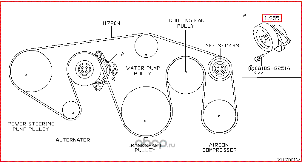 Натяжной ролик (натяжитель) приводного поликлинового ремня Nissan. Артикул 119557S00A