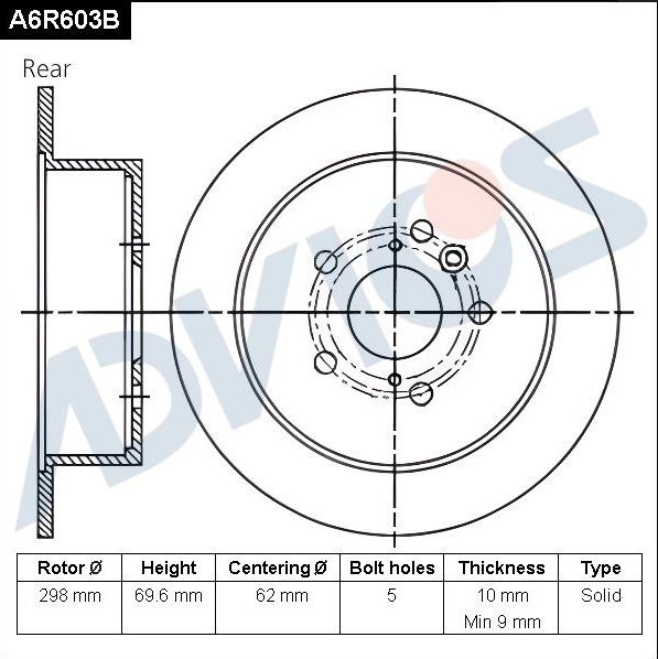 Тормозной диск Advics задний для Toyota Venza I 2008-2016. Артикул A6R603B