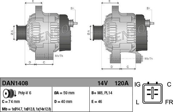 Генератор Denso для Jaguar XJ III (X350/X358) 2003-2009. Артикул DAN1408