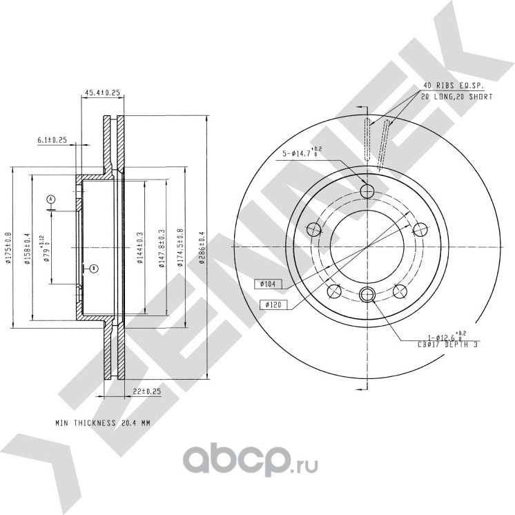Диск тормозной передний BMW 3 E36/E46 90-06 (Zennek). Артикул DBD0125