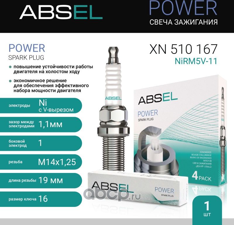 Свеча зажигания NiRM5V-11 (Nickel) (Absel) Absel. Артикул XN510167