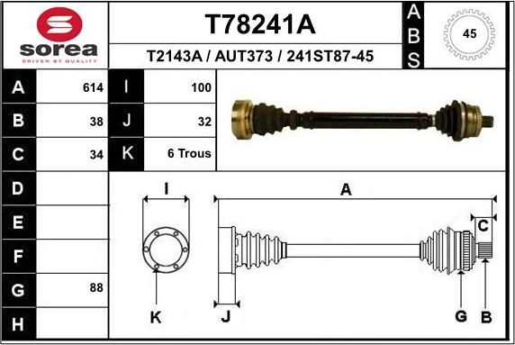 Полуось (привод в сборе, приводной вал) EAI передняя левая для Audi A4 I (B5) 1995-2001. Артикул T78241A