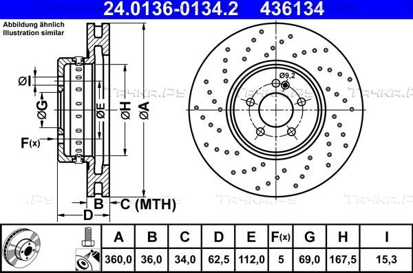 Тормозной диск ATE передний для Mercedes-Benz CLS III (C257) 2017-2026. Артикул 24.0136-0134.2