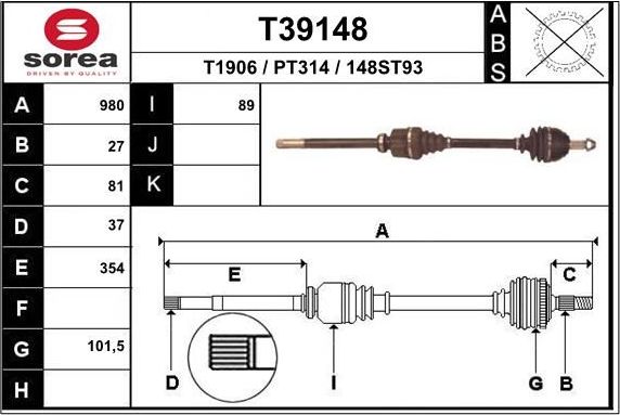 Полуось (привод в сборе, приводной вал) EAI. Артикул T39148