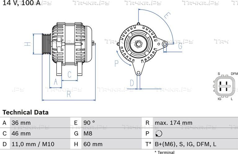 Генератор Bosch для Toyota Yaris Verso 2000-2005. Артикул 0 986 082 060