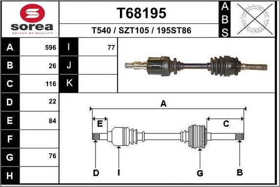 Полуось (привод в сборе, приводной вал) EAI. Артикул T68519