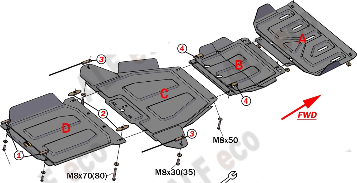 Защита Alfeco для картера, редуктора переднего моста, кпп и рк DW Hover H3 2017-2019. Артикул ALF.31.14-06-12-13st