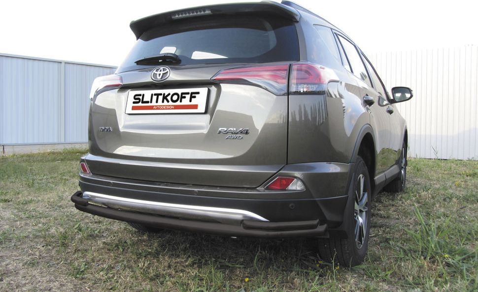 Защита Slitkoff заднего бампера d57+d42 двойная длинная для Toyota RAV4 IV рестайлинг 2015-2019 Черная. Артикул TR415-007B