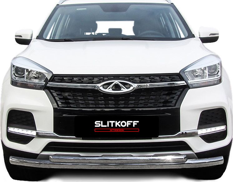 Защита Slitkoff переднего бампера d57/42 двойная для Chery Tiggo 4 2017-2026. Артикул CT4-001