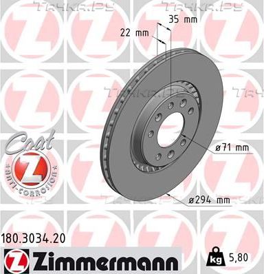 Тормозной диск Zimmermann Coat Z задний для Peugeot Expert III 2016-2026. Артикул 180.3034.20