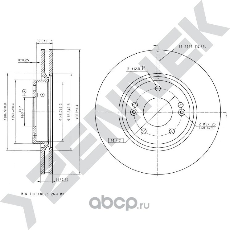 Диск тормозной передний HYUNDAI I40 11-19 IX35 09 (Zennek). Артикул DBD0128