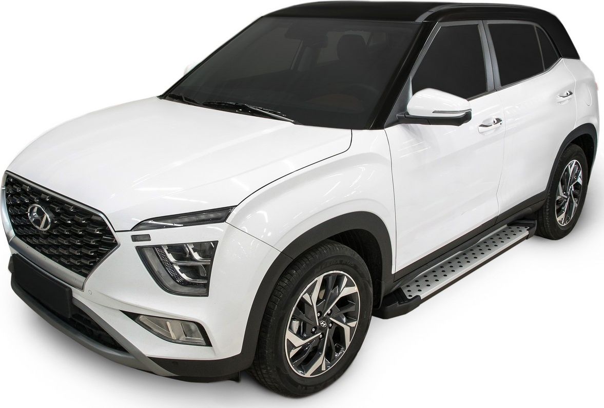 Пороги алюминиевые Rival Bmw-Style круг для Hyundai Creta II 2021-2026. Артикул D173AL.2314.1