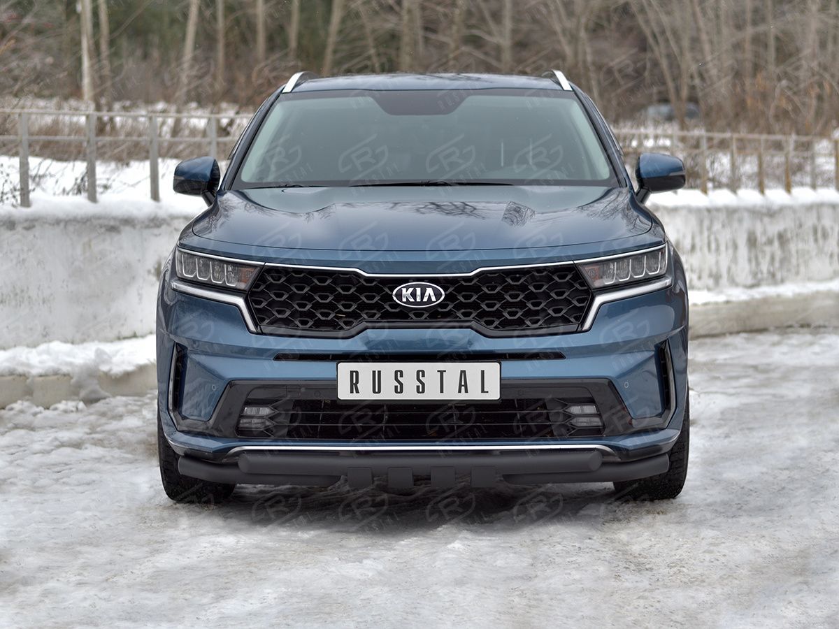 Защита RusStal переднего бампера d63 секции-d63 уголки+клыки для Kia Sorento IV 2020-2026 Черные. Артикул KSORZ-004016CH