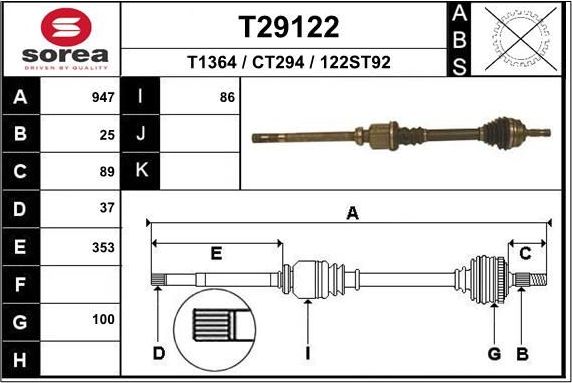 Полуось (привод в сборе, приводной вал) EAI. Артикул T29122