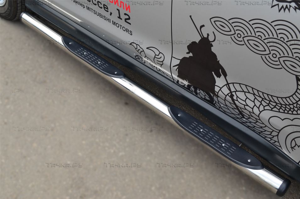 Защита порогов RusStal труба d76 с накладкой (вариант 2) для Mitsubishi ASX I рестайлинг 2012-2016. Артикул MAST-0013252