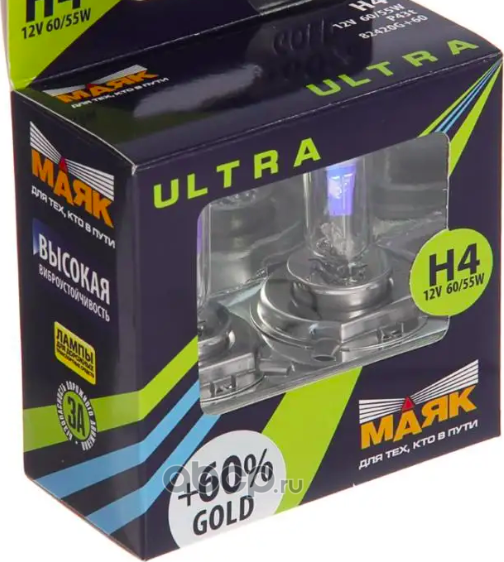 ЛАМПА ГАЛОГЕН.Н4 12 V 55 W P43T GOLD +60% КОМ. 2 ШТ. (МАЯК). Артикул 82420G60