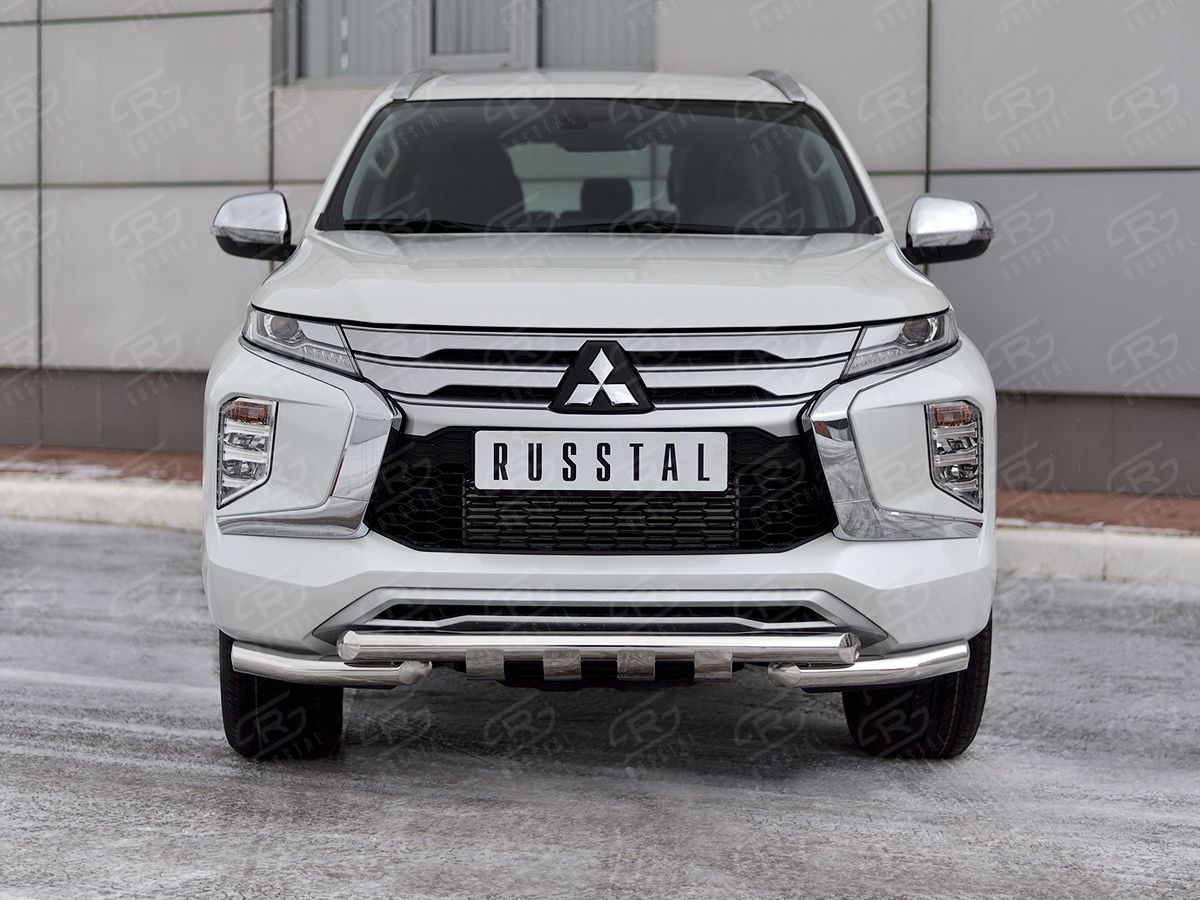 Защита RusStal переднего бампера d63 секции-d63 уголки+клыки для Mitsubishi Pajero Sport III рестайлинг 2021-2026. Артикул MPJSZ-003653