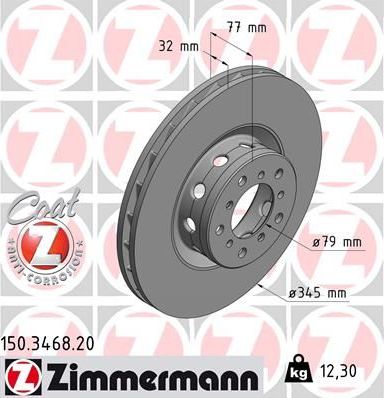 Тормозной диск Zimmermann Coat Z передний левый для BMW 5 IV (E39) 1998-2003. Артикул 150.3468.20