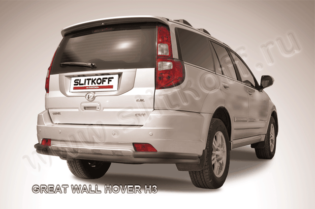 Защита Slitkoff заднего бампера d57/42 двойная длинная ЧЕРНАЯ матовая для Great Wall Hover H3 2010-2014. Артикул GWHN-H3-011B